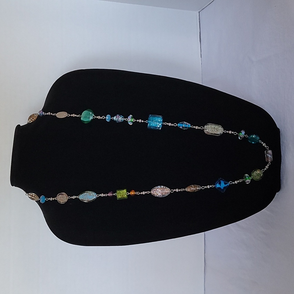 Premier Designs Venetian silvertone art glass 34 inch necklace